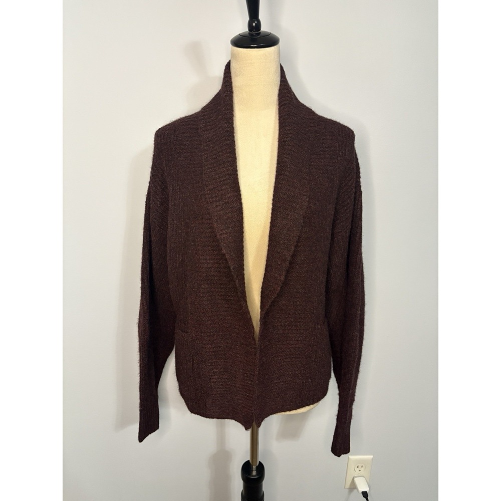 Anthropologie Flat White Ribbed Roll Collar Cardigan Sweater Burgundy One Size